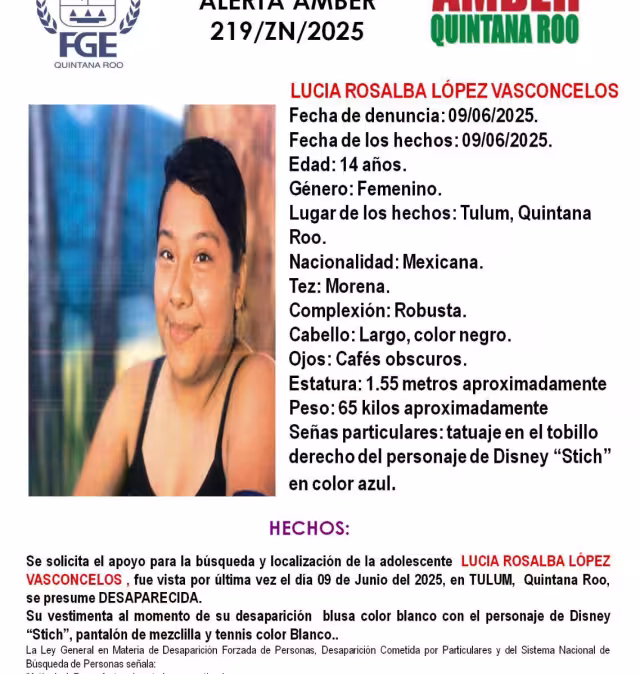 La joven vestía blusa blanca con imagen de “Stitch”, pantalón de mezclilla y tenis blancos; como seña particular, tiene un tatuaje del mismo personaje en el tobillo derecho