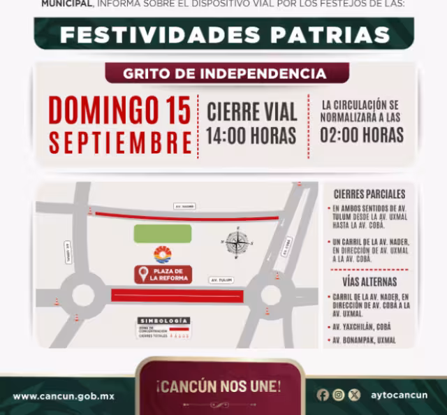 ¿Cuáles son las avenidas de Cancún que cerrarán por el 15 de septiembre?