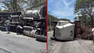 Pesada unidad cañera se vuelca rumbo a Champotón