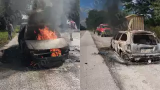 En el vehículo viajaba una familia del ejido López Portillo, que logró salir ilesa antes de que el fuego consumiera la unidad.
