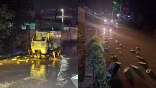 El panadero lamentó que su mercancía cayera al agua debido al bache