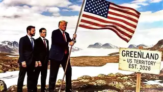 La imagen, de alto contenido simbólico, muestra a Trump en una escena que alude directamente a la apropiación de Groenlandia