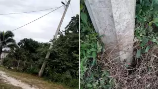 Un poste de concreto de la CFE en Belém, Escárcega, representa un riesgo debido a las lluvias recientes