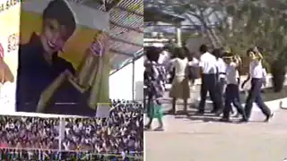 El material muestra la llegada de decenas de estudiantes al recinto ferial