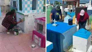 Sabancuy se prepara para el Día de Muertos con limpieza y pintura de tumbas