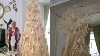 Celsa Iuit Moo elabora una pieza única en su tipo: un árbol de Navidad hecho de fibra de henequén