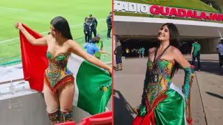 La influencer Friday Frida lució una de sus creaciones en el Estadio Akron de Guadalajara.