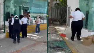 Un fuerte viento rompió un panel de vidrio en una sucursal del Banco del Bienestar en San Francisco de Campeche.