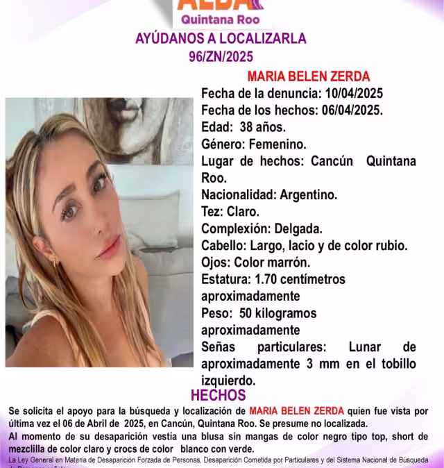 La FGE activó el Protocolo Alba para la búsqueda de una mujer argentina.