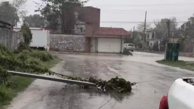 Fuerte lluvia con viento provocó la caída de un poste de TELMEX en Escárcega.