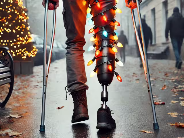 Un hombre con una pierna protésica adornada con luces navideñas fue captado en video y se ha convertido en la nueva sensación