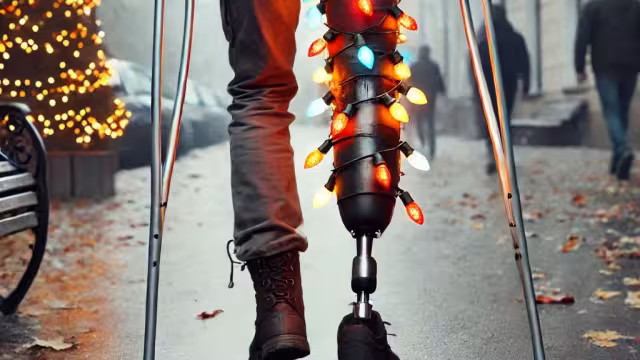 Un hombre con una pierna protésica adornada con luces navideñas fue captado en video y se ha convertido en la nueva sensación