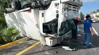 La unidad que transportaba mercancía de abarrotes para hoteles, terminó volcada