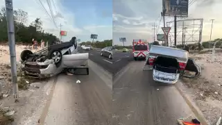 Vehículo volcado y un lesionado; reportan aparatoso accidente en la carretera federal 307 