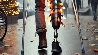 Un hombre con una pierna protésica adornada con luces navideñas fue captado en video y se ha convertido en la nueva sensación
