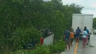 Un camión que transportaba cajas de huevos volcó y terminó en una zona de monte en la carretera Champotón-Campeche.