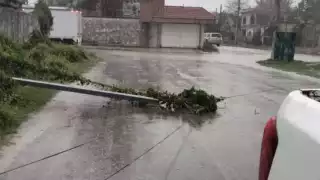Fuerte lluvia con viento provocó la caída de un poste de TELMEX en Escárcega.