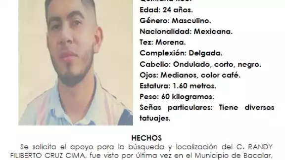 Activan ficha de búsqueda por joven desaparecido en Bacalar.