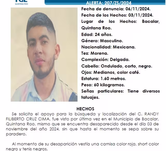 Activan ficha de búsqueda por joven desaparecido en Bacalar.