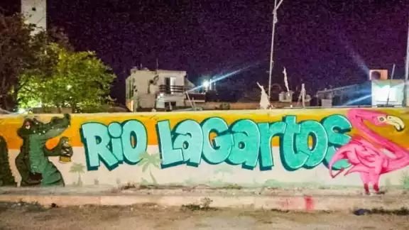En los murales se observan elementos de la fauna local, que incluyen el cocodrilo y el flamenco. En los murales se observan elementos de la fauna local, que incluyen el cocodrilo y el flamenco.