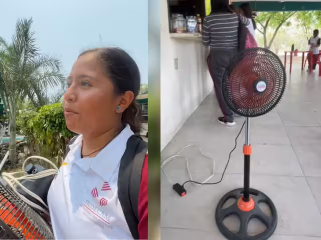 Joven lleva su ventilador a la escuela