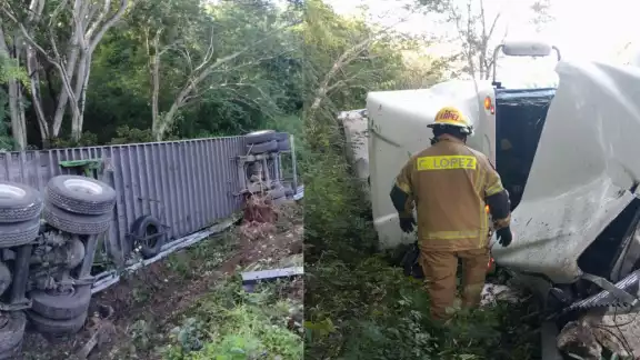 Un camión que transportaba pinturas y solventes volcó en la carretera Campeche – Champotón, en Seybaplaya.