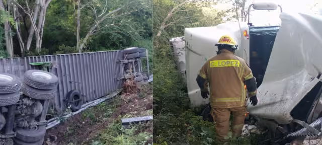 Un camión que transportaba pinturas y solventes volcó en la carretera Campeche – Champotón, en Seybaplaya.