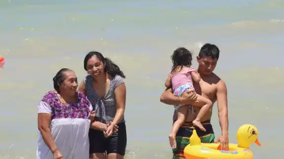 Bañistas aprovecharon el inicio del período de asueto, sin importar que la gran cantidad de sargazo en la orilla del mar Bañistas aprovecharon el inicio del período de asueto, sin importar que la gran cantidad de sargazo en la orilla del mar