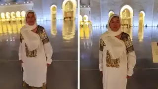 Campechana presume huipil bordado en Dzibalché desde la majestuosa Mezquita Sheikh Zayed en Abu Dhabi 