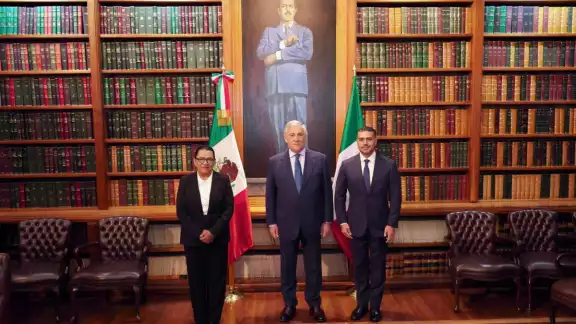 Rosa Icela Rodríguez, secretaria de Gobernación,  Antonio Tajani , canciller italiano y Omar García Harfuch, secretario de Seguridad y Protección Ciudadana, Omar García Harfuch