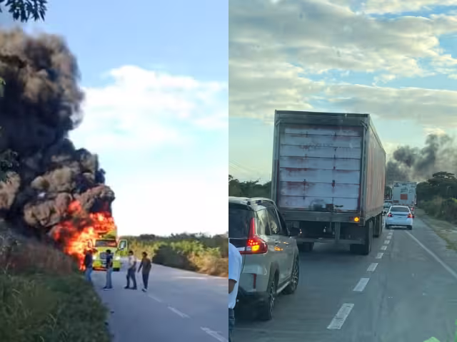 Un tráiler doble remolque que transportaba rejillas de plástico se incendió en la carretera Campeche-Champotón