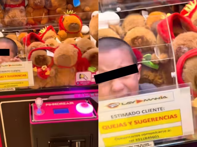 Niño se hace viral al quedar atrapado en una máquina de peluches en Guadalajara