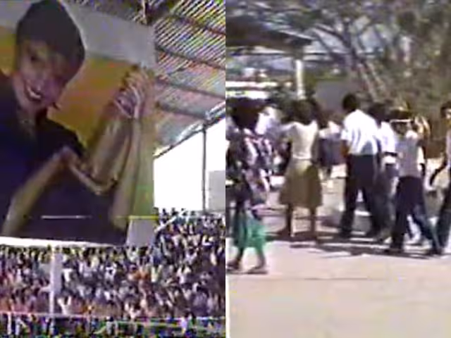 El material muestra la llegada de decenas de estudiantes al recinto ferial