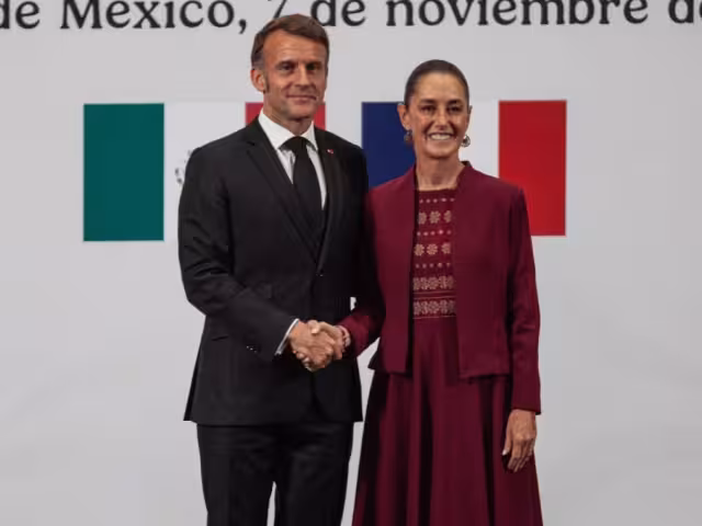Emmanuel Macron, presidente de Francia y Claudia Sheinbaum Pardo, presidenta de México en Palacio Nacional