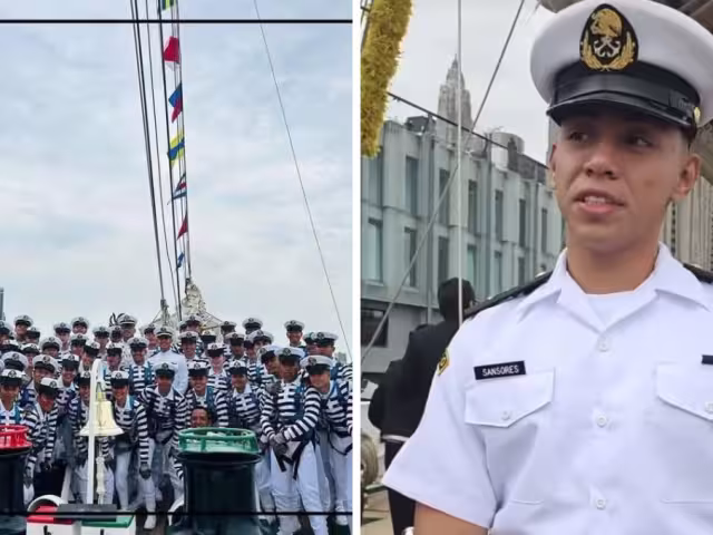 Un campechano entre los tripulantes del Velero Cuauhtémoc