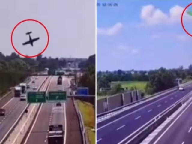 Una cámara de seguridad instalada en la autopista captó el momento exacto en que la avioneta descendió de forma abrupta y se estrelló contra el pavimento