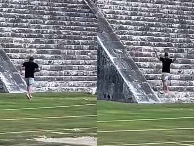 El sujeto únicamente logró alcanzar el segundo escalón de la pirámide, al tiempo que una voz le gritaba "señor, no puede subir, bájese"