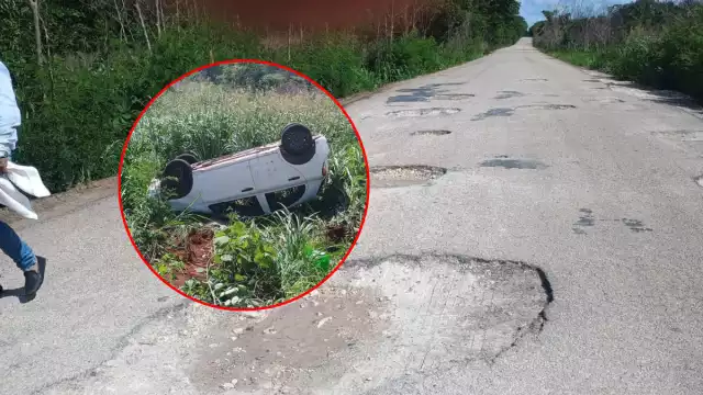 Automóvil vuelca en tramo Hopelchén-Komchén al esquivar baches; exigen reparación urgente