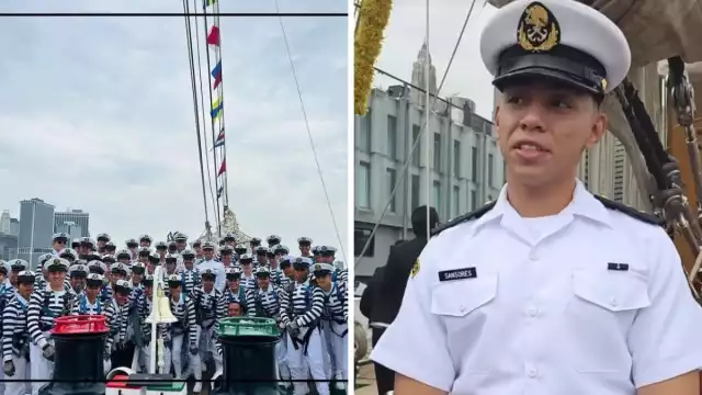Un campechano entre los tripulantes del Velero Cuauhtémoc