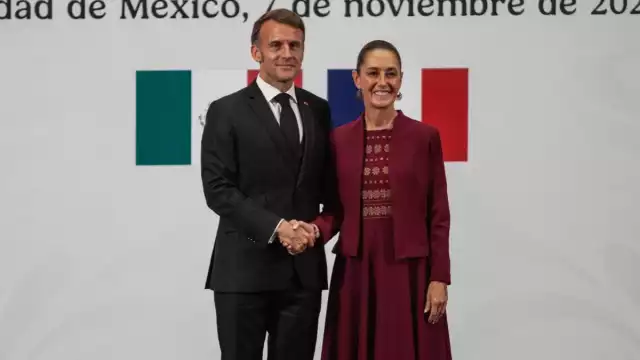 Emmanuel Macron, presidente de Francia y Claudia Sheinbaum Pardo, presidenta de México en Palacio Nacional