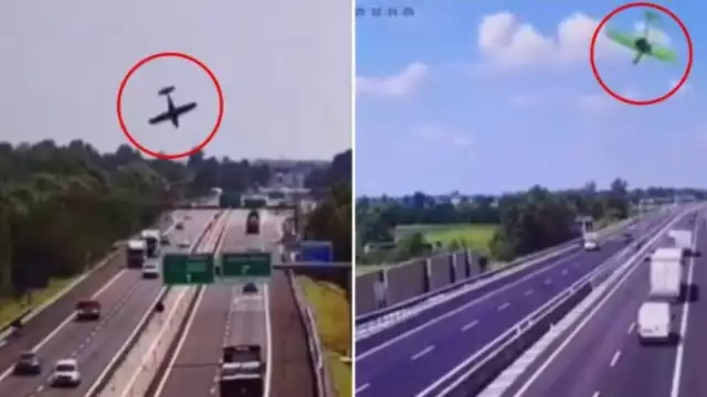 Una cámara de seguridad instalada en la autopista captó el momento exacto en que la avioneta descendió de forma abrupta y se estrelló contra el pavimento