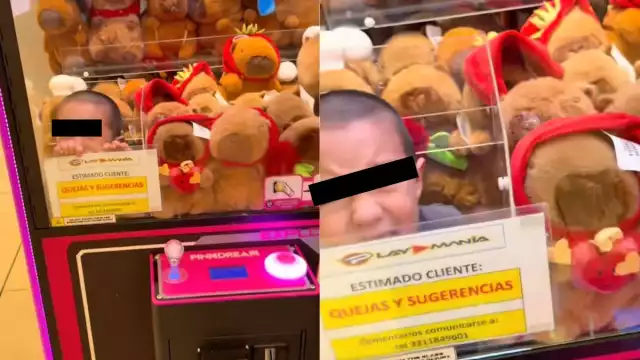 Niño se hace viral al quedar atrapado en una máquina de peluches en Guadalajara