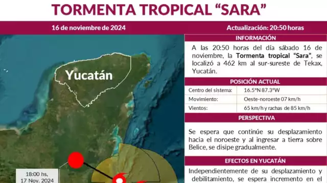 Tormenta Tropical Sara, trayectoria y entidades afectadas