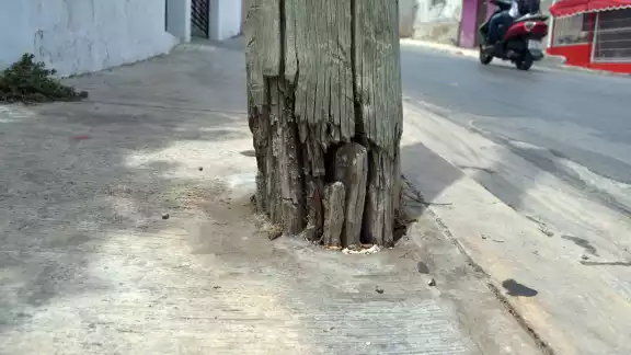 El mástil de madera se sostiene por los cables, su base está rota. El mástil de madera se sostiene por los cables, su base está rota.