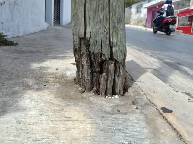 El mástil de madera se sostiene por los cables, su base está rota.