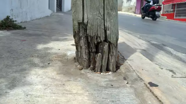 El mástil de madera se sostiene por los cables, su base está rota.