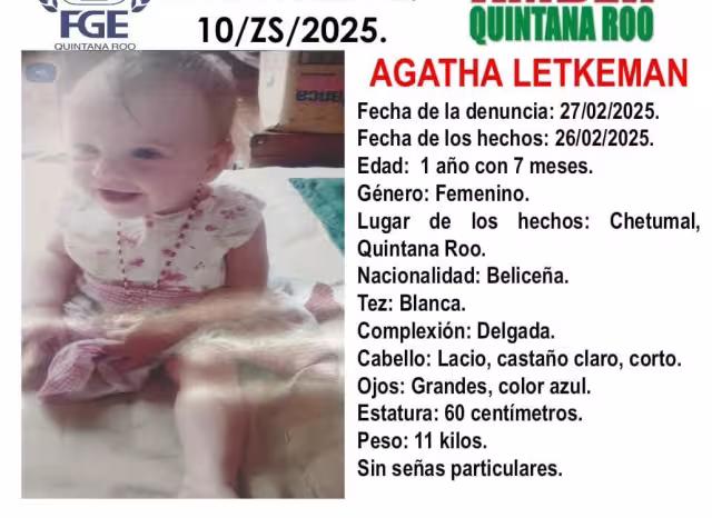 Se reportó la desaparición de una bebé de nombre Agatha  Letkeman.
