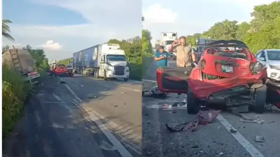 Una pipa chocó contra un Mini Cooper rojo; mujer muere prensada y hombre queda grave Una pipa chocó contra un Mini Cooper rojo; mujer muere prensada y hombre queda grave