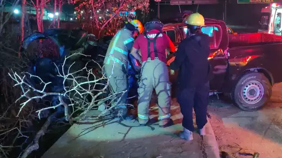 Camioneta choca contra árbol y casi cae al desagüe