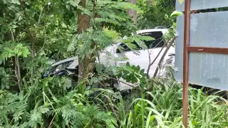 Camioneta sale del camino y termina contra un árbol en Matamoros, Escárcega